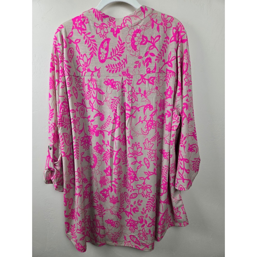 Dear Scarlett Pink Floral Paisley Split Neck Roll Tab Sleeve Tunic Top 2X NEW - Picture 2 of 10